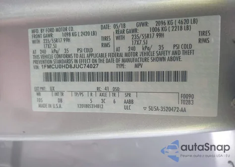 2018 Ford Escape Sel из США, поврежденный, VIN 1FMCU0HD8JUC74027